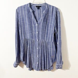 Coupe Collection Blue White Striped Peplum Like Hem Button-Down Blouse Pin Tuck